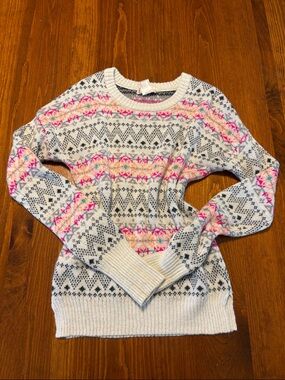 SO Cream Fair Isle Crewneck Sweater with Pink & Gray Accents